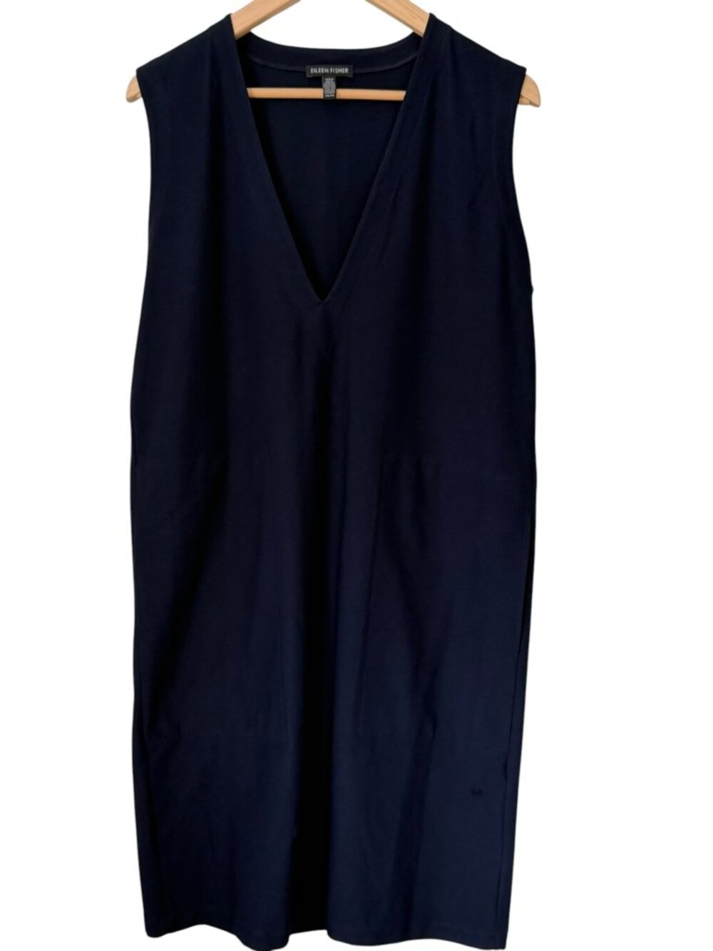 Eileen Fisher Crepe Deep V-Neck Sleeveless Pocket Jumper/Shift Dress Navy USA XS